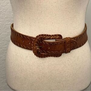 Another Line Tooled Leather Buckle Statement Belt